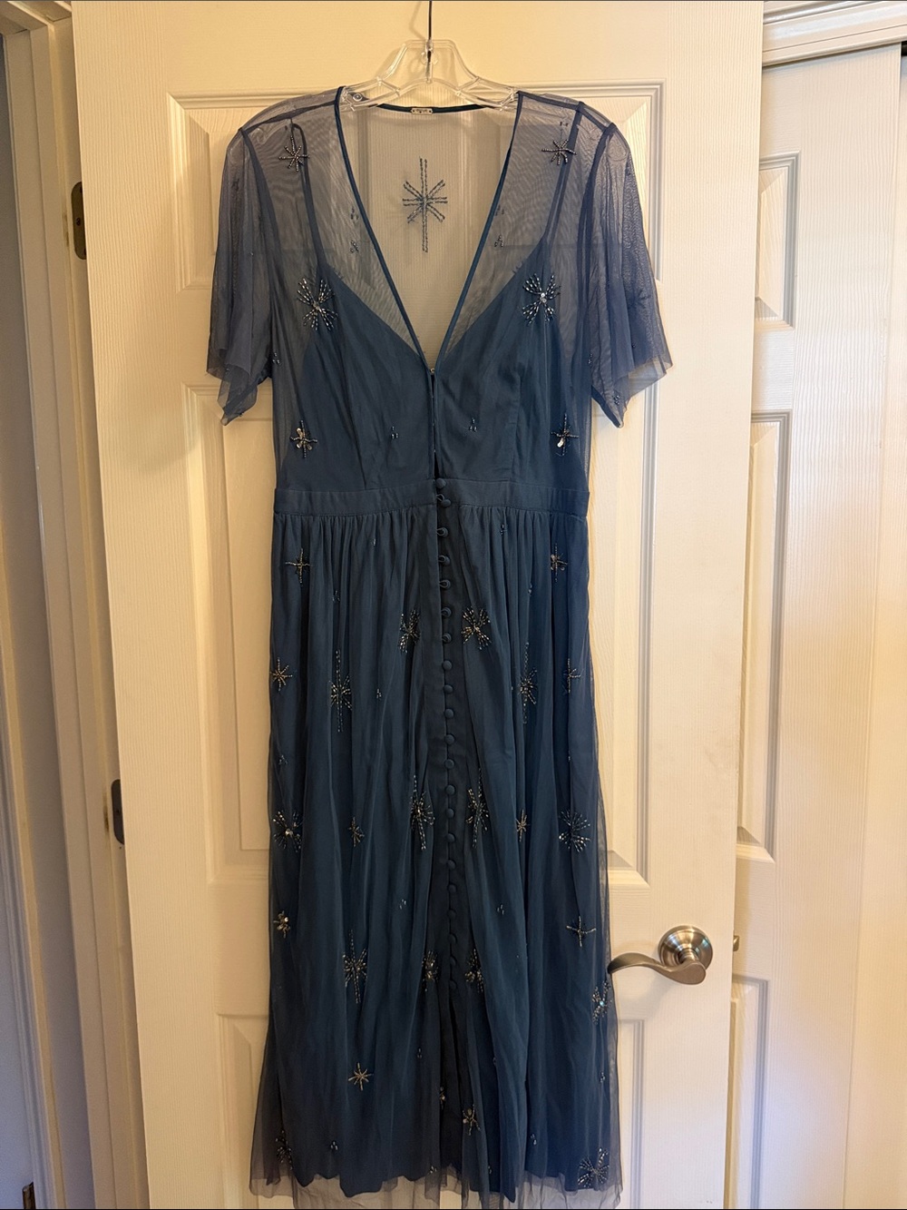 Embellished Blue V-Neck Midi Dress